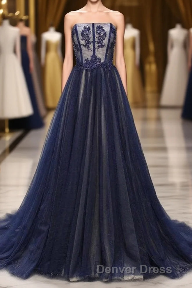 Navy A Line Sweep Train Straight Sleeveless Mid Back Lace Up Prom Dresses Main image