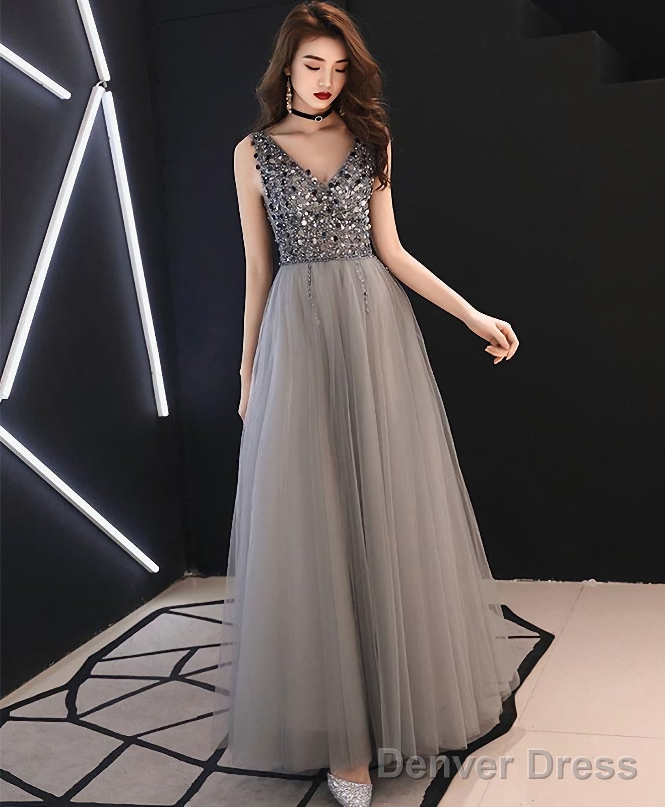 Gray V Neck Tulle Sequin Long Prom Dress Gray Tulle Evening Dress Main image