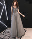 Gray V Neck Tulle Sequin Long Prom Dress Gray Tulle Evening Dress