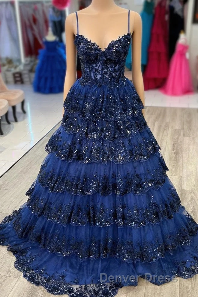 Navy Blue Floral Multi Layers Sequined Straps Long Prom Dresses