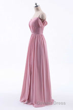 Dusty Pink Chiffon Cold Shoulder A Line Long Bridesmaid Dresses