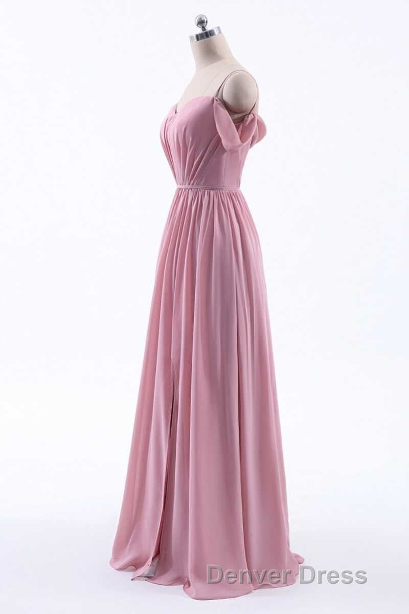 Dusty Pink Chiffon Cold Shoulder A Line Long Bridesmaid Dresses