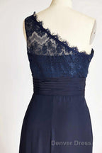 One Shoulder Navy Blue Lace Long Bridesmaid Dresses