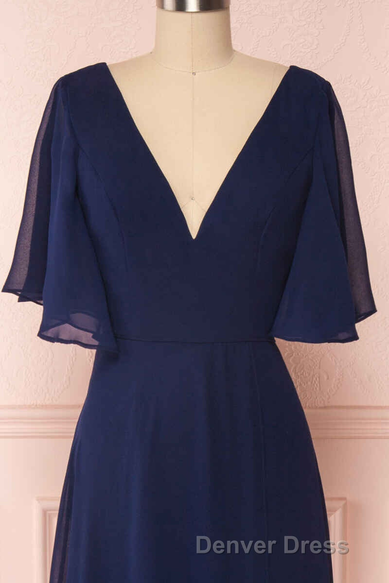 Navy Blue Chiffon V Neck Ruffled Sleeve Long Bridesmaid Dresses
