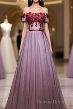 Pink Tulle Lace Applique Long Prom Dress