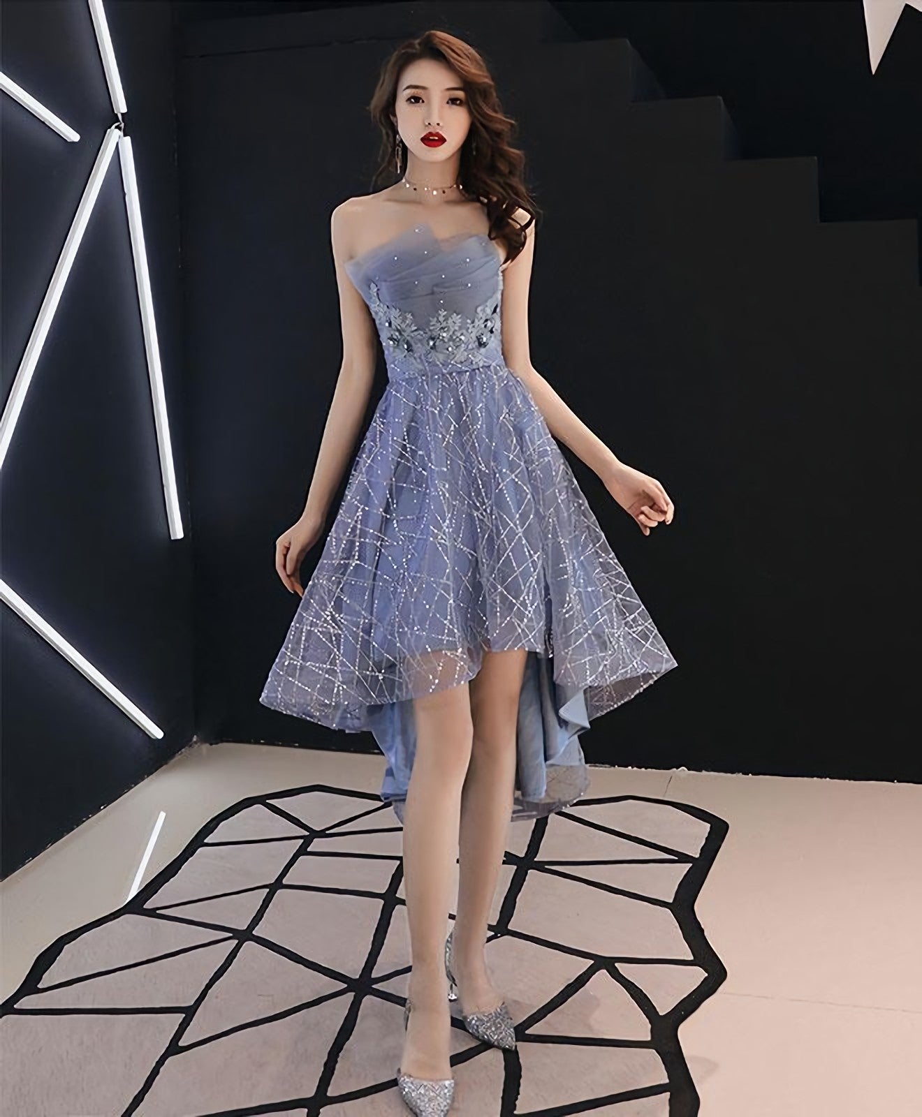 Blue Tulle High Low Prom Dress, Blue Homecoming Dresses Main image