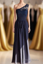 One Shoulder Navy Blue Lace Long Bridesmaid Dresses