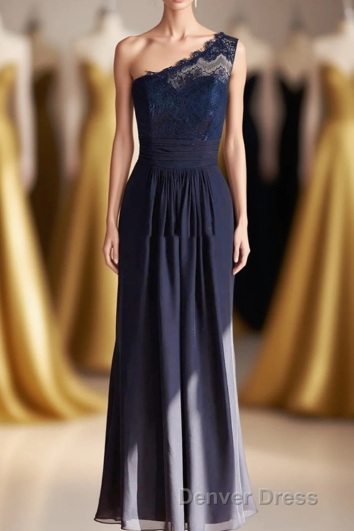 One Shoulder Navy Blue Lace Long Bridesmaid Dresses