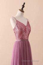 Dusty Purple Sequin Spaghetti Straps A-Line Long Bridesmaid Dresses