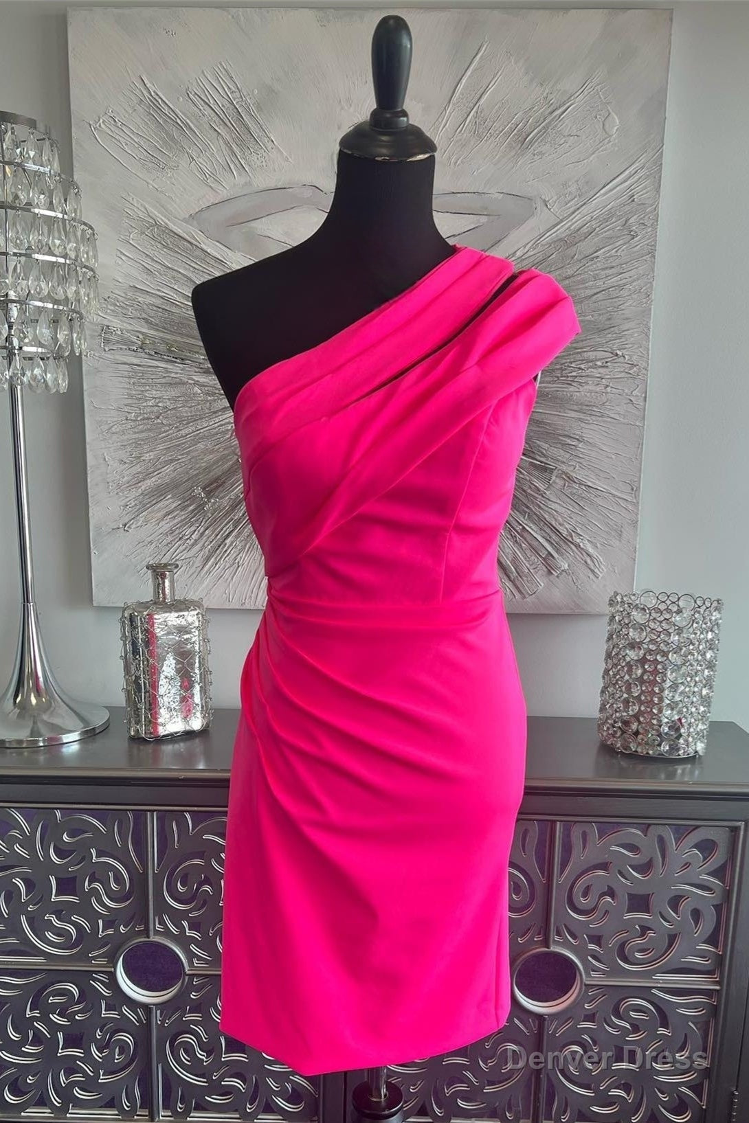 Fuchsia One Shoulder Sheath Satin Homecoming Dresses Main image