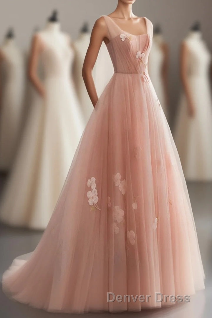 Pink V Neck Tulle Long Prom Dress, Tulle Prom Dresses