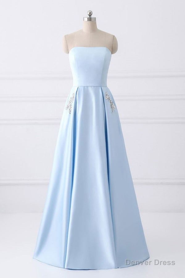 Light Blue A Line Floor Length Strapless Sleeveless Lace Up Prom Dresses Main image