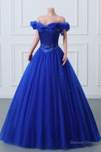 Royal Blue Off The Shoulder Sweetheart Beaded Flowers Ball Gowns Tulle Prom Dresses