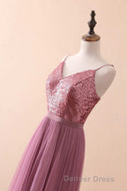 Dusty Purple Sequin Spaghetti Straps A-Line Long Bridesmaid Dresses