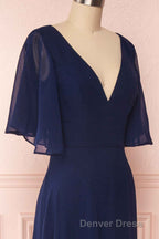 Navy Blue Chiffon V Neck Ruffled Sleeve Long Bridesmaid Dresses