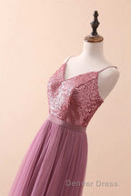 Dusty Purple Sequin Spaghetti Straps A Line Long Bridesmaid Dresses