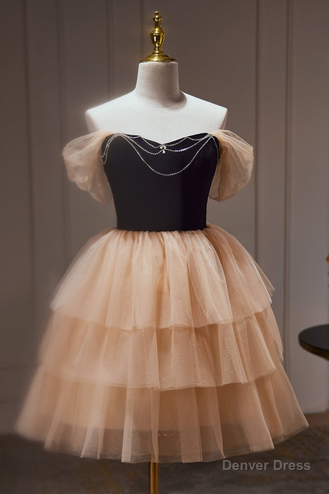 Chic Champagne Off The Shoulder Beading Tulle Short Homecoming Dresses Main image