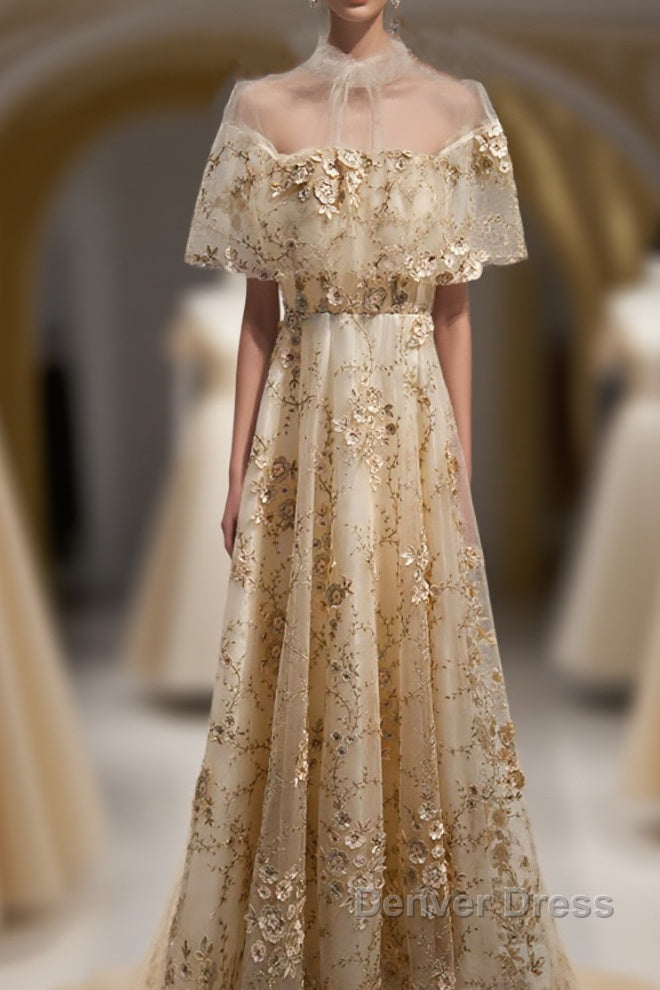 Champagne Tulle Lace Long Prom Dresses, Champagne Formal Dresses, 1