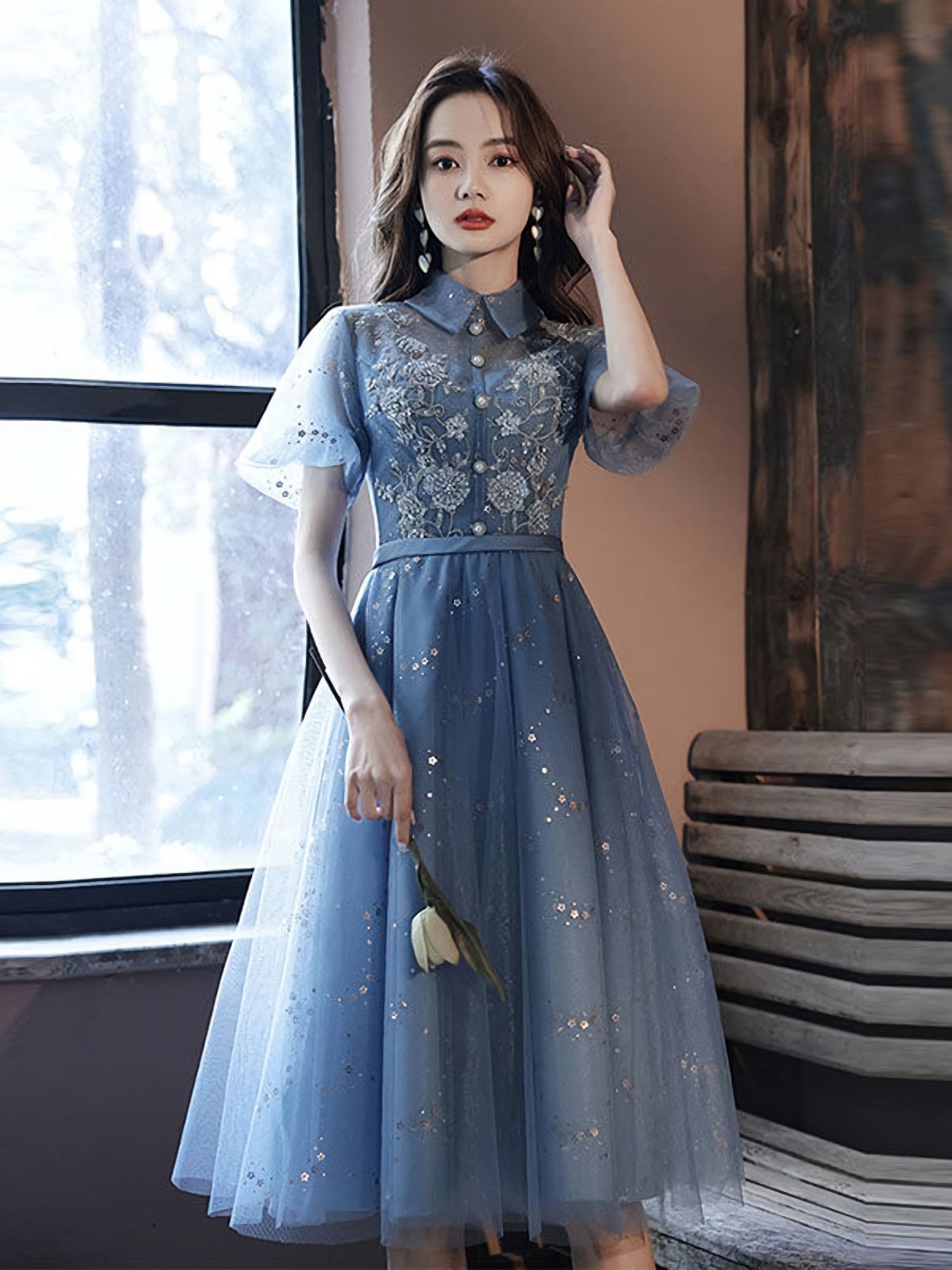 Blue Tulle Lace Short Prom Dress Blue Tulle Homecoming Dresses Main image