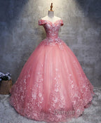 Pink Tulle Lace Off Shoulder Long Prom Dress, Pink Tulle Prom Dresses, 1