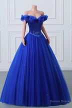 Royal Blue Off The Shoulder Sweetheart Beaded Flowers Ball Gowns Tulle Prom Dresses