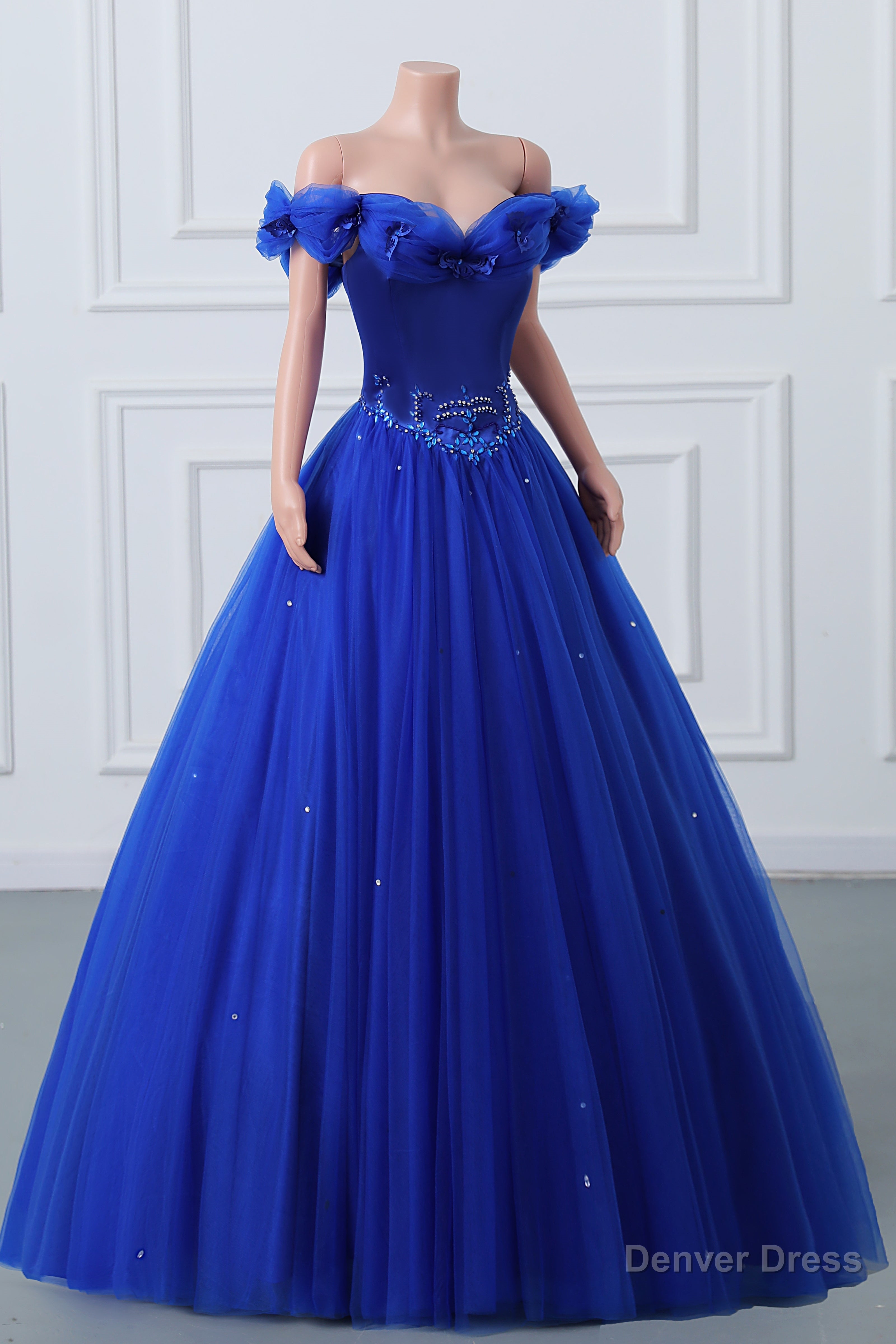 Royal Blue Off The Shoulder Sweetheart Beaded Flowers Ball Gowns Tulle Prom Dresses