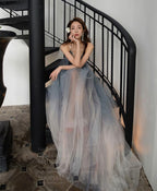 Gray V Neck Tulle Long Prom Dress Gray Tulle Prom Dresses 1
