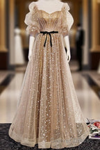 Champagne Sweetheart Tulle Long Prom Dresses, Tulle Formal Dresses