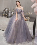 Blue Round Neck Tulle Sequin Long Prom Dress Blue Prom Dresses