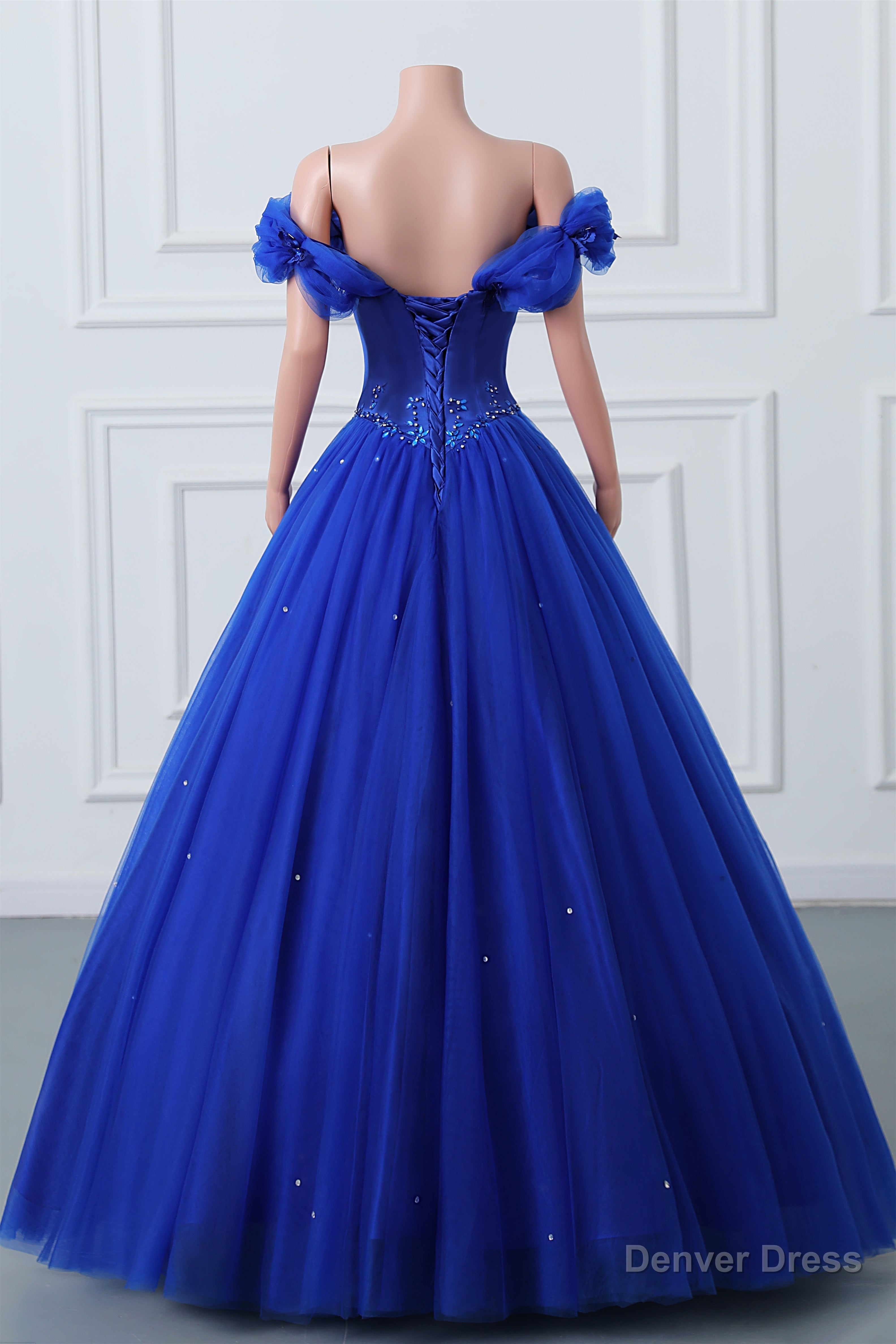 Royal Blue Off The Shoulder Sweetheart Beaded Flowers Ball Gowns Tulle Prom Dresses