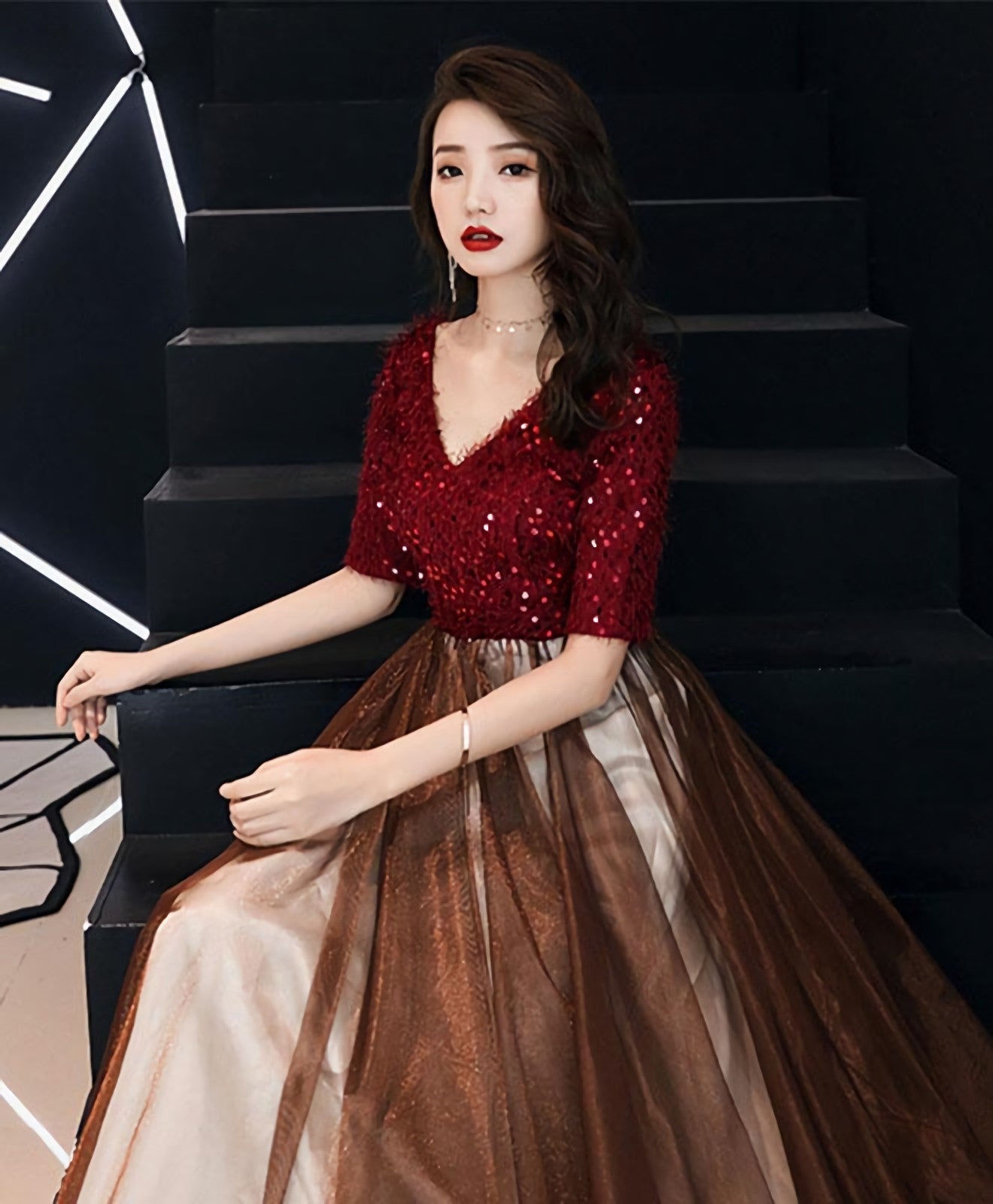 Burgundy Sequin Tulle Long Prom Dress Burgundy Prom Dresses
