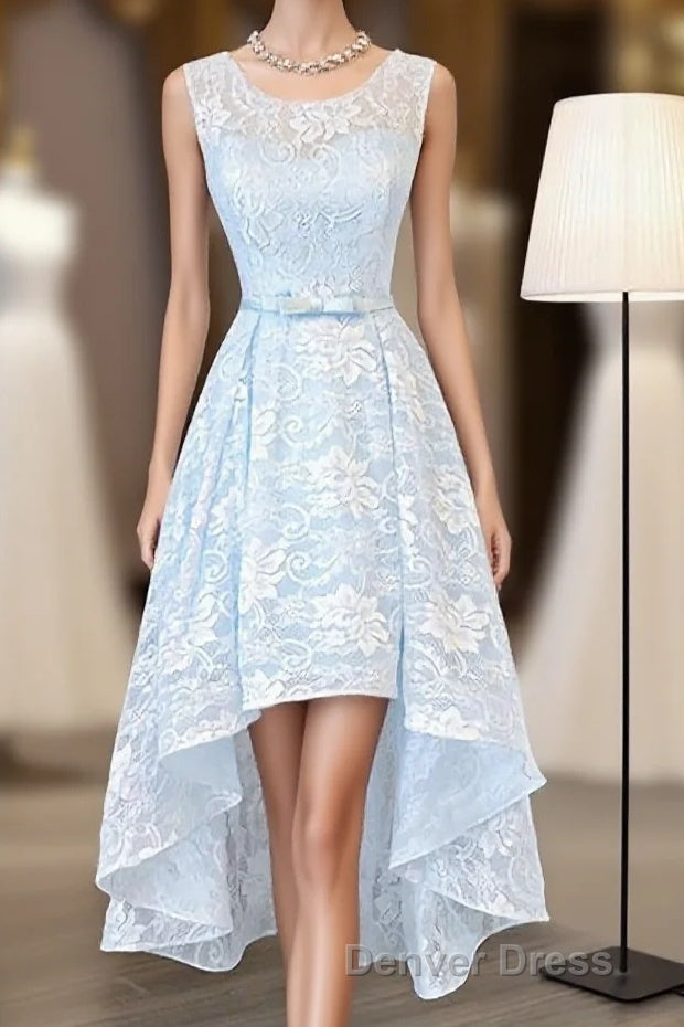 Light Blue Lace High Low Prom Dress, Homecoming Dresses Main image
