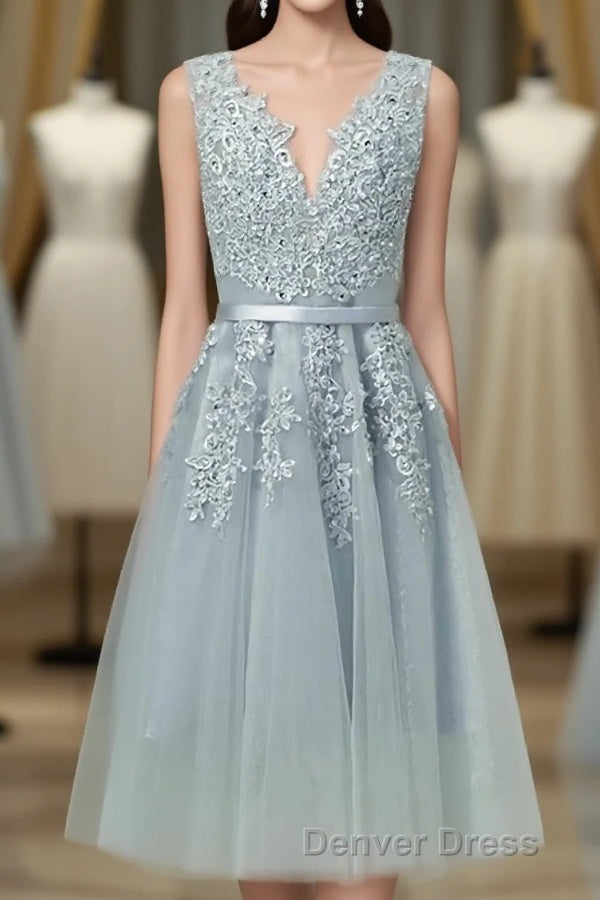 Gray A Line Lace Tulle Short Prom Dresses, Homecoming Dresses Main image