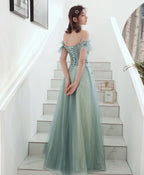 Green Tulle Lace Long Prom Dress Green Tulle Prom Dresses 1