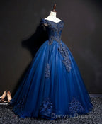 Blue Tulle Lace Off Shoulder Long Prom Dress, Blue Tulle Lace Prom Dresses