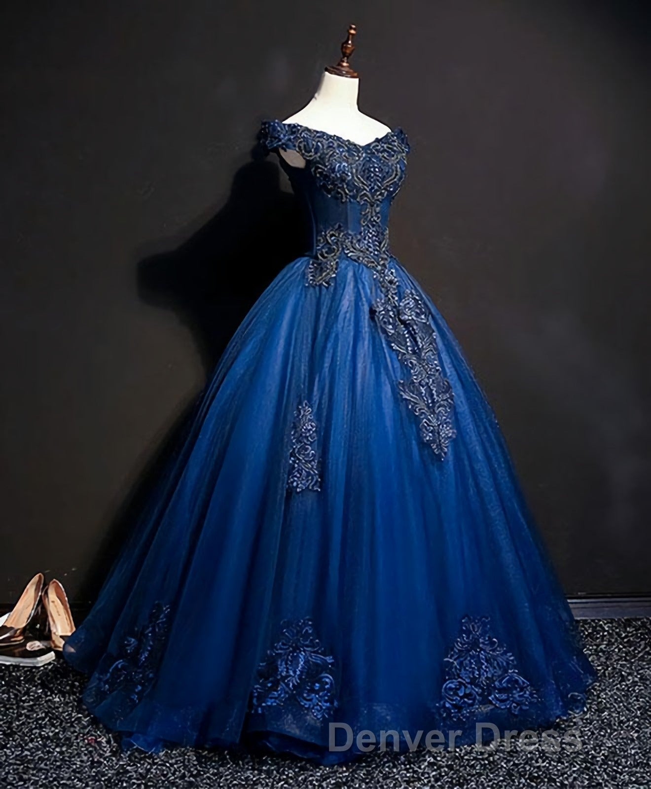 Blue Tulle Lace Off Shoulder Long Prom Dress, Blue Tulle Lace Prom Dresses