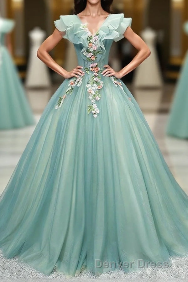 Green V Neck Tulle Long Prom Dresses, Green Evening Dresses Main image