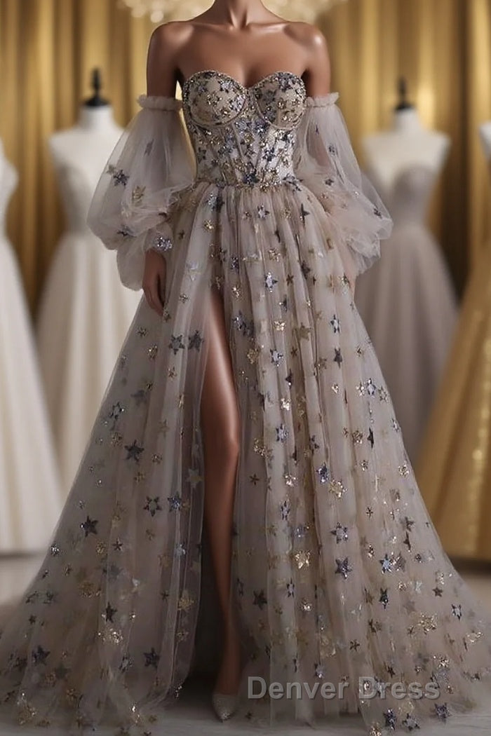 Chic Long Sweetheart Front Split Star Prom Dresses With Sleeves