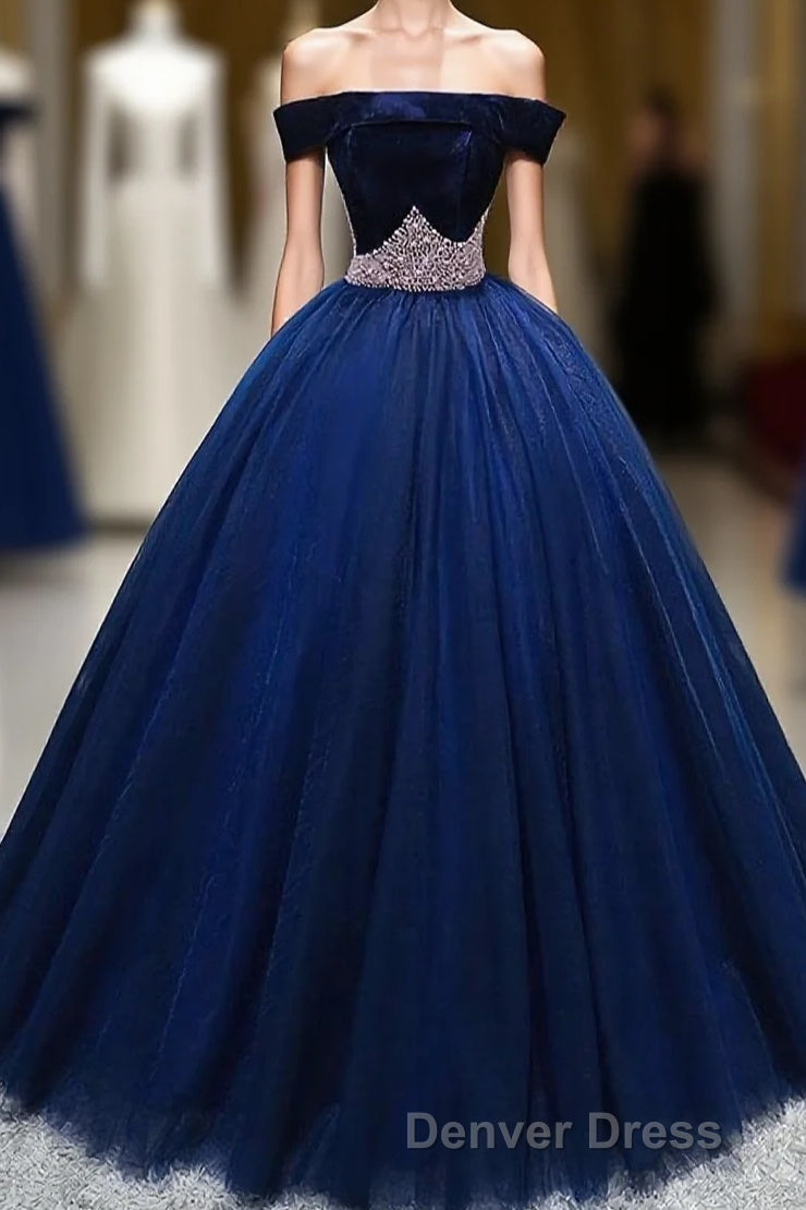 Dark Blue Tulle Off Shoulder Long Prom Dresses, Blue Sweet 16 Dresses