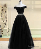Black Tulle Sequin Long Prom Dress, Black Tulle Prom Dresses