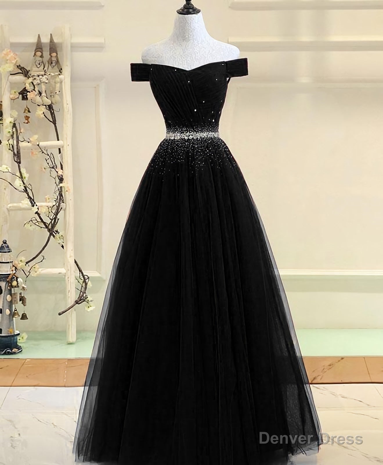 Black Tulle Sequin Long Prom Dress, Black Tulle Prom Dresses