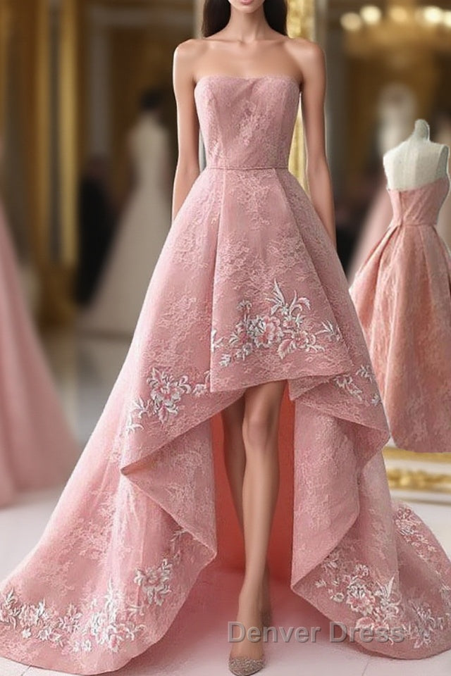 Charming Modest Pink A Line High Low Strapless Zipper Back Prom Dresses Main image