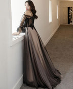 Black Tulle A Line Lace Long Prom Dress, Tulle Lace Prom Dresses