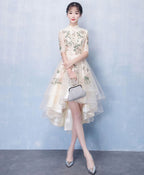 Unique Champagne Tulle Lace Applique Prom Dress