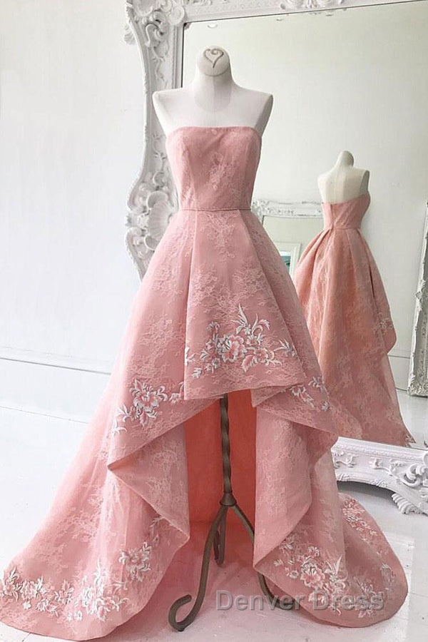 Charming Modest Pink A Line High Low Strapless Zipper Back Prom Dresses Secondary image