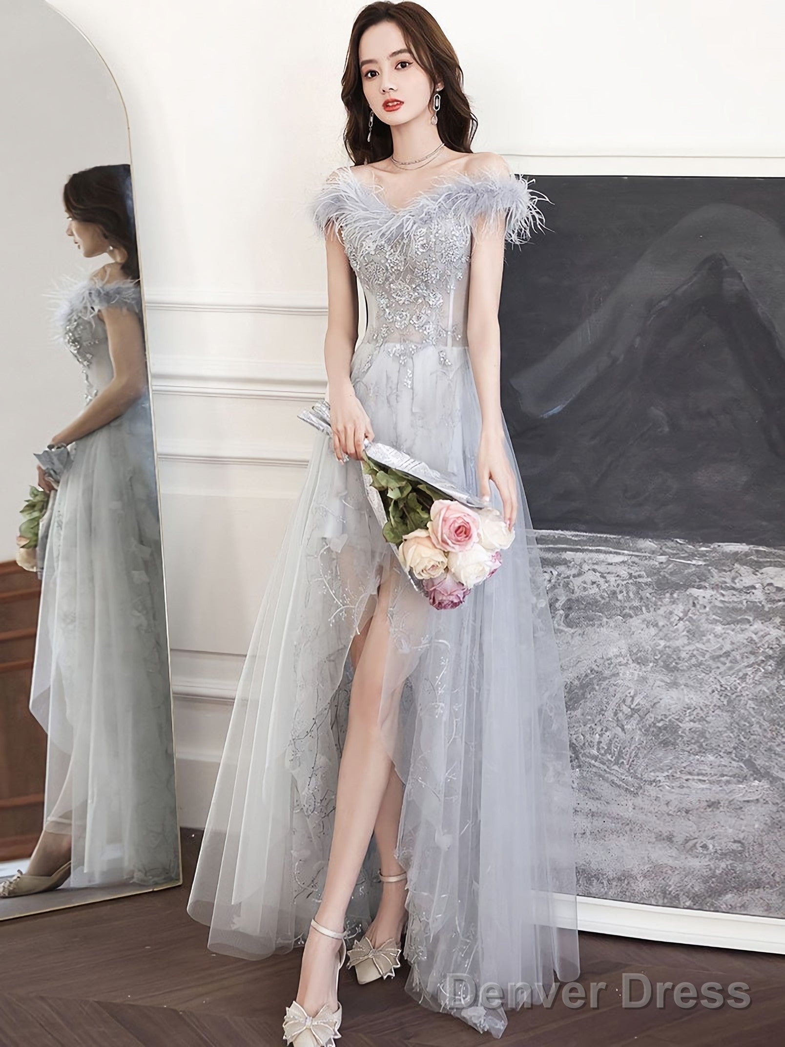 Gray Sweetheart Neck Tulle Long Prom Dress Gray Prom Dresses