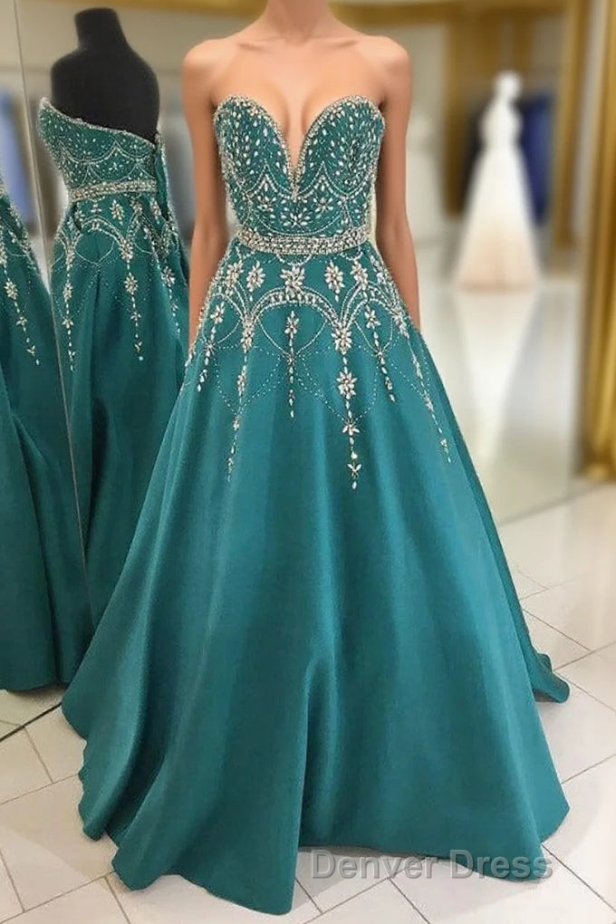 Green A Line Floor Length Sweetheart Sleeveless Beading Prom Dresses Main image