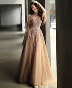 Champagne High Neck Tulle Lace Long Prom Dress