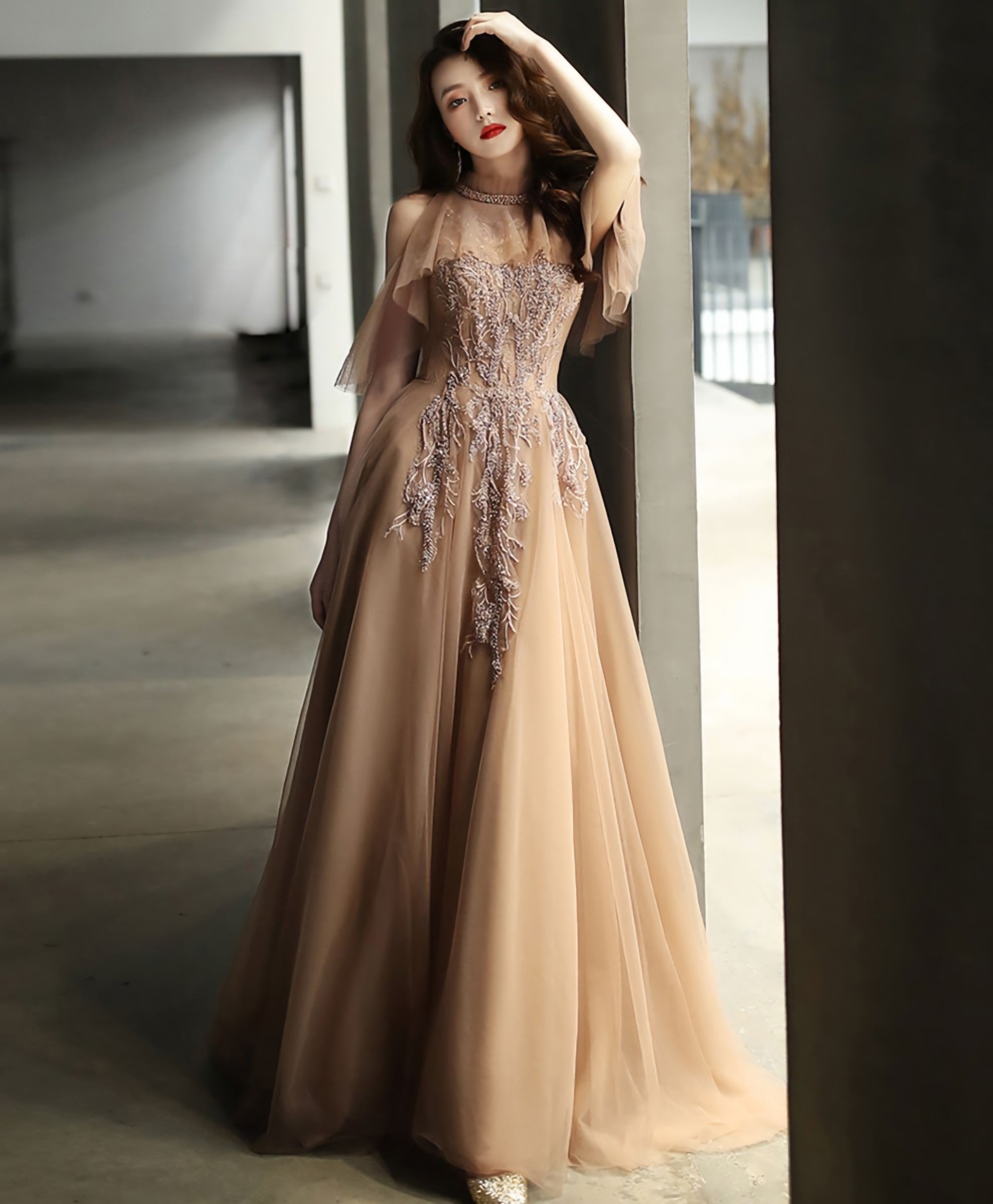 Champagne High Neck Tulle Lace Long Prom Dress