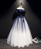 Blue Tulle Lace Long Prom Dress, Blue Tulle Lace Prom Dresses